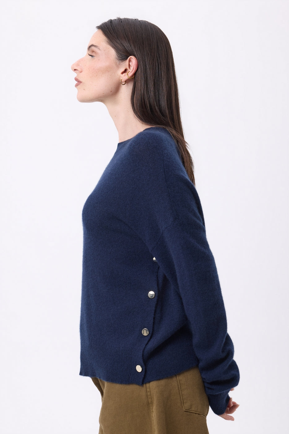 Pull Col Rond À Boutons Latéraux Dorés Ora - Bleu Marine - Femme
