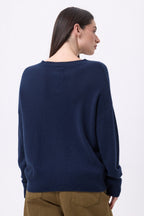 Pull Col Rond À Boutons Latéraux Dorés Ora - Bleu Marine - Femme