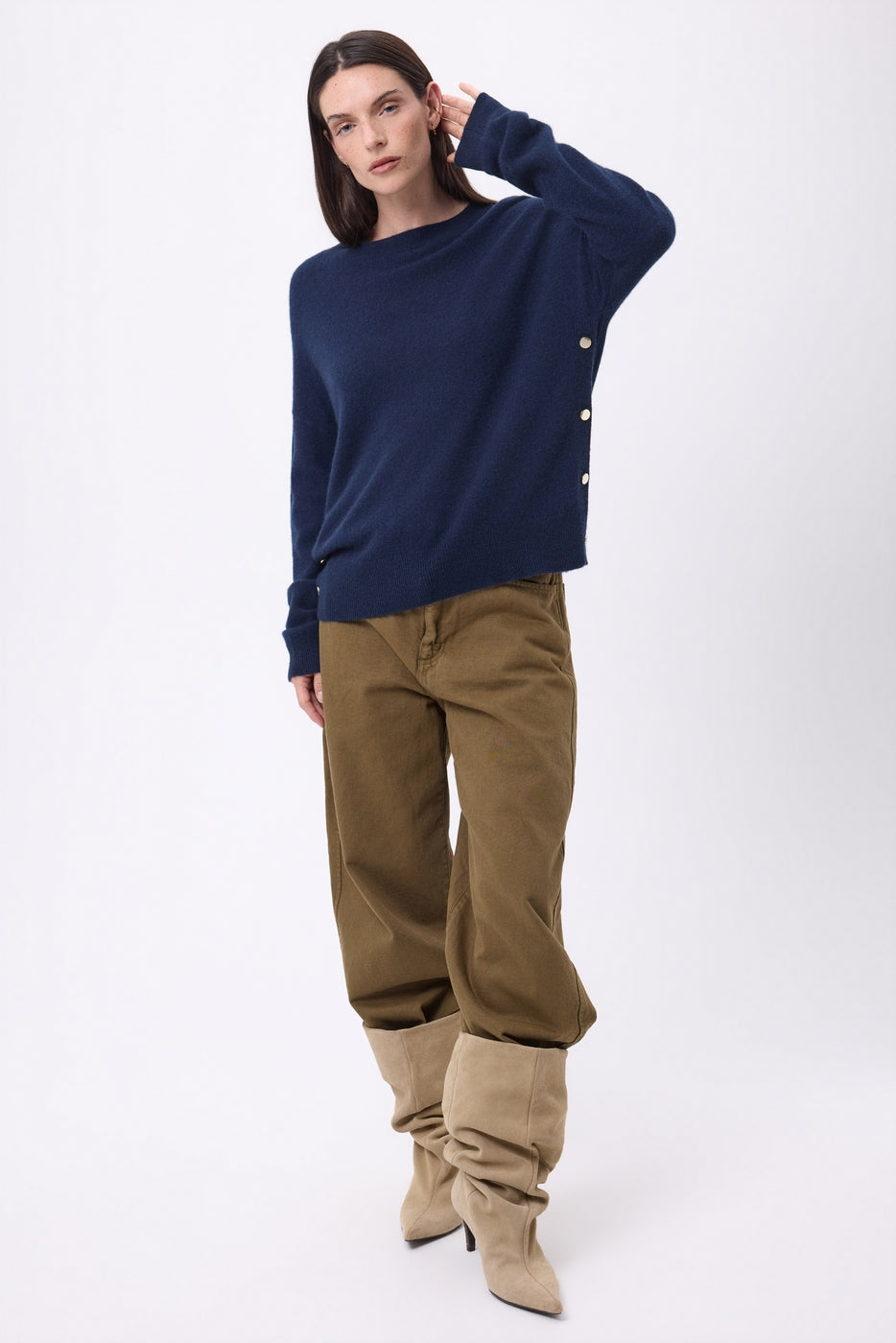 Pull Col Rond À Boutons Latéraux Dorés Ora - Bleu Marine - Femme