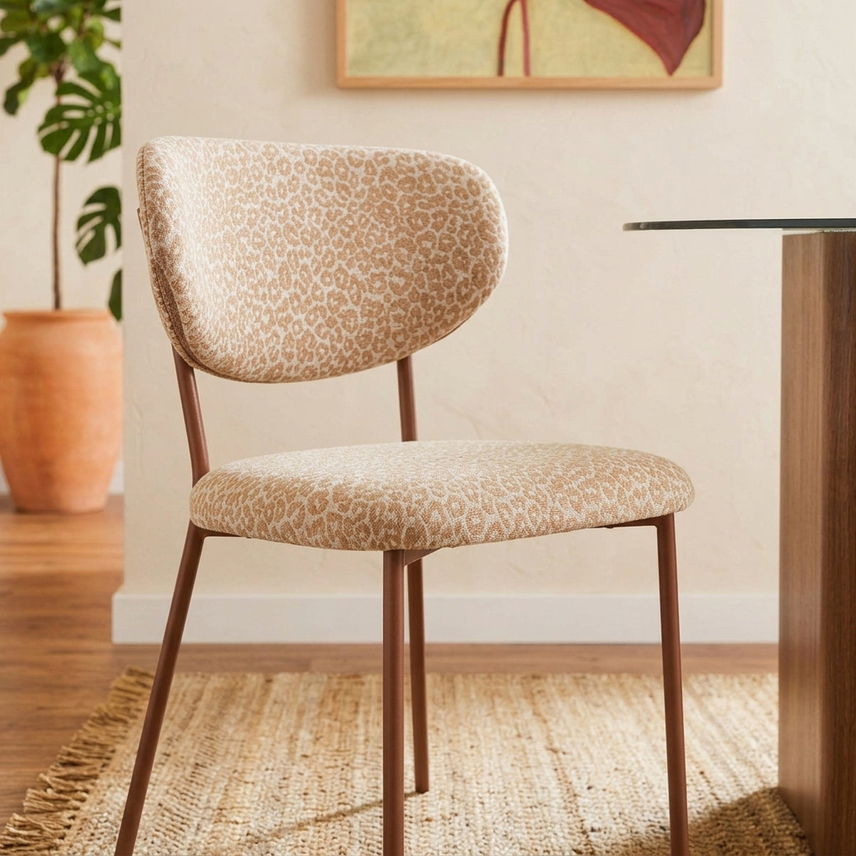 Orel - Set di 2 sedie - Tessuto leopardato e gambe in metallo effetto legno - Beige