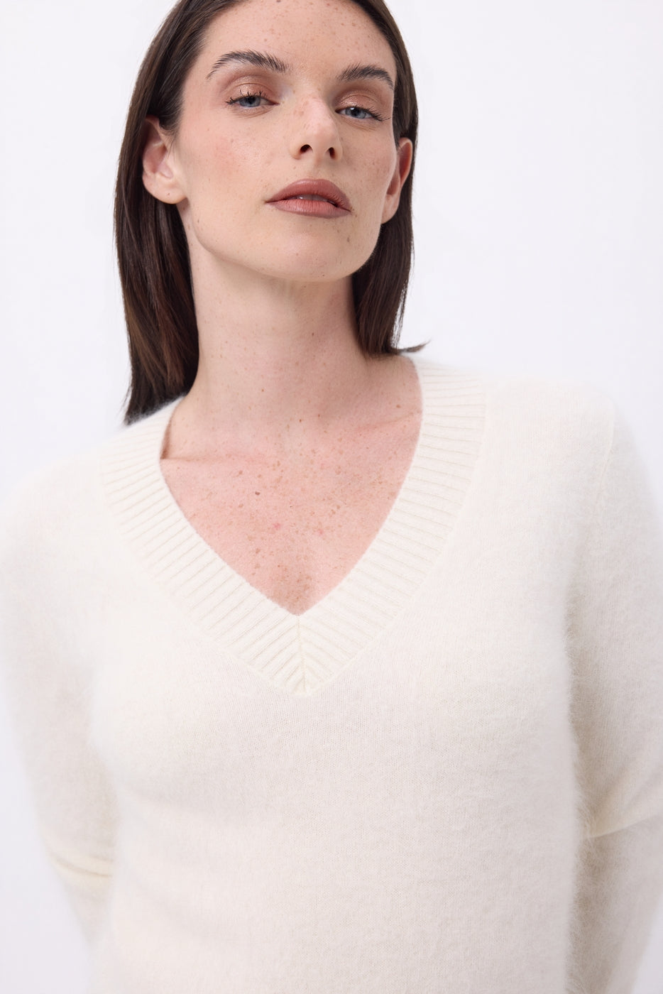Pull Col V – Cachemire Brossé Orion - Ecoblanc - Femme