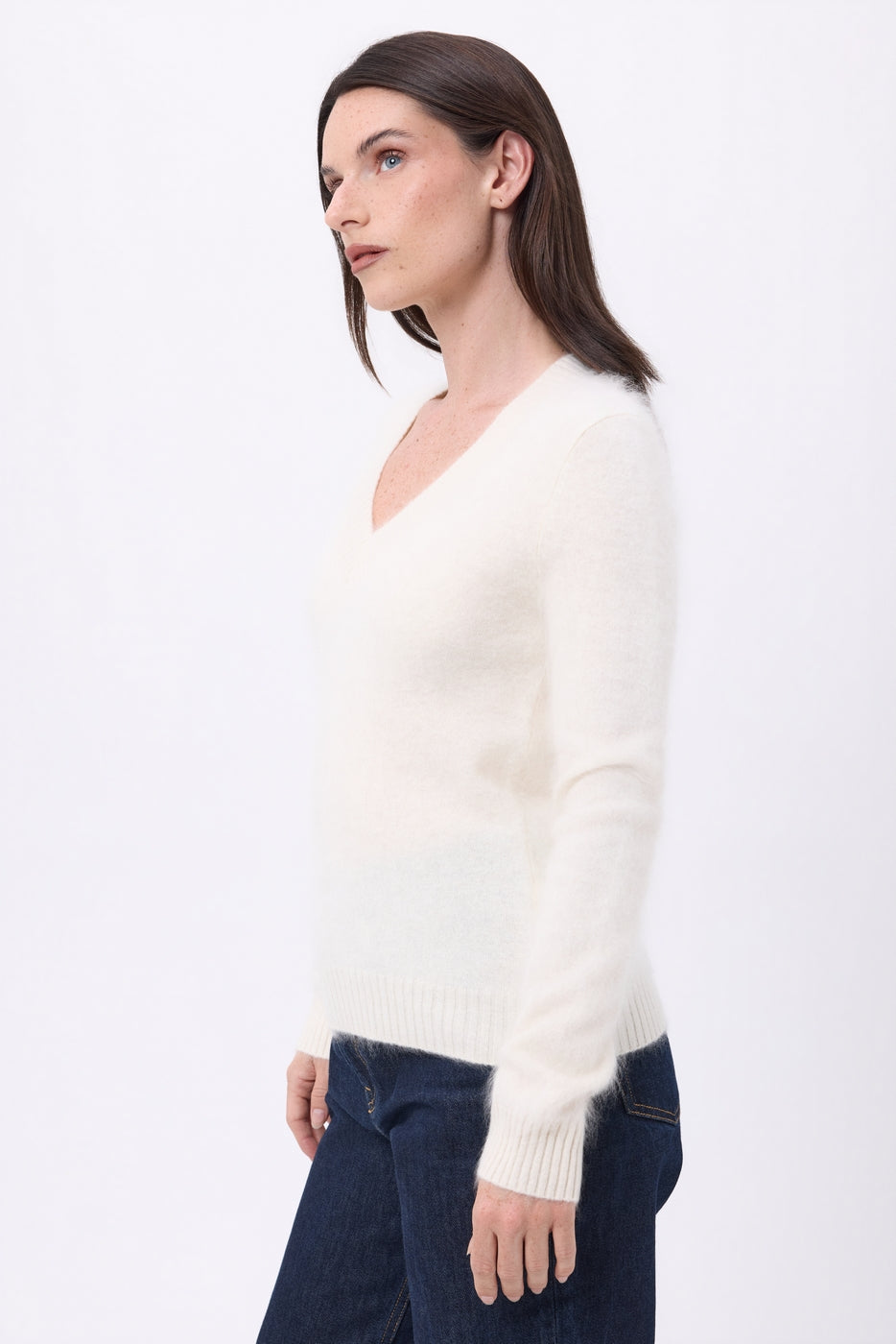 Pull Col V – Cachemire Brossé Orion - Ecoblanc - Femme