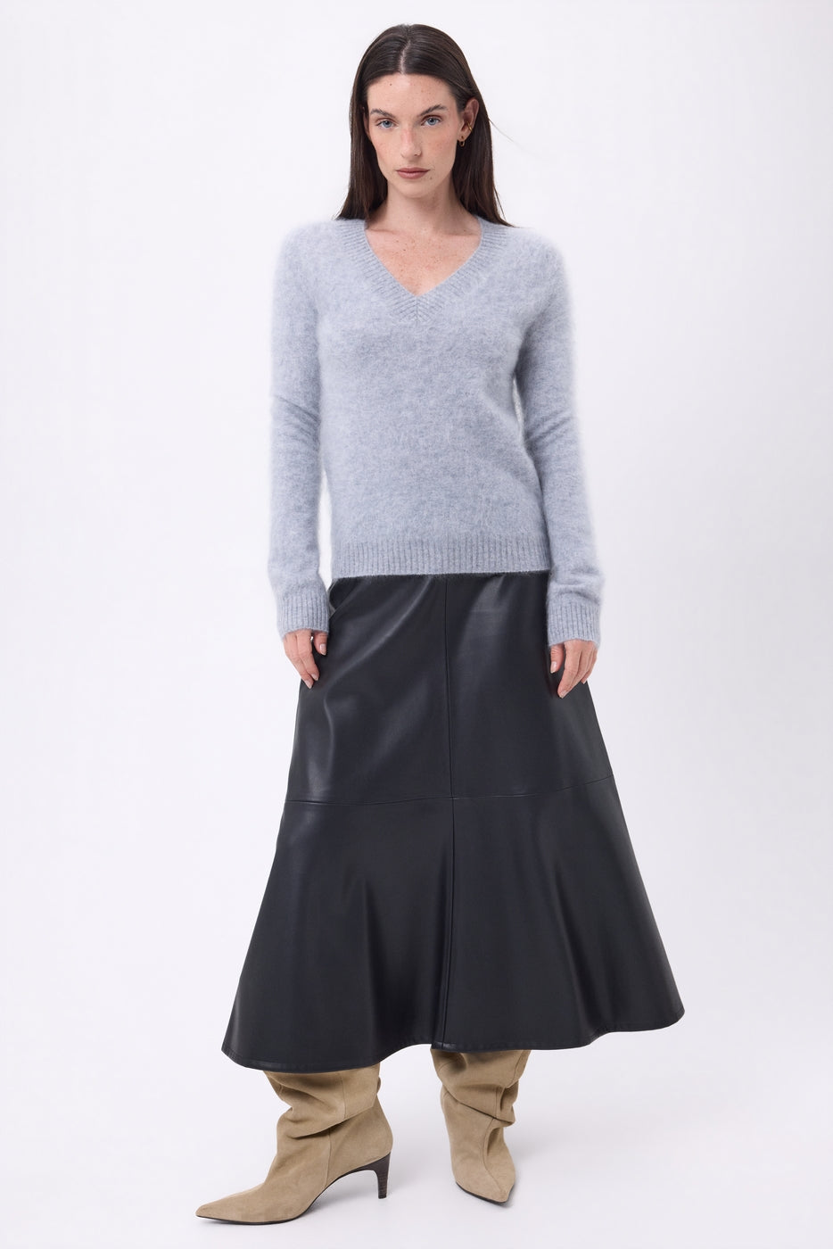 Jersey de cuello en V – Cachemira cepillada Orion - Gris claro - Mujer