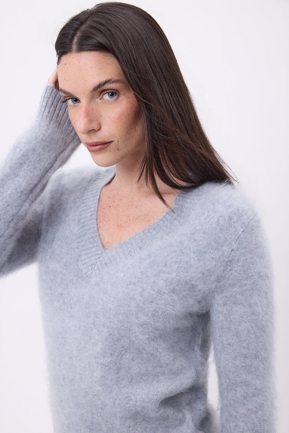 Jersey de cuello en V – Cachemira cepillada Orion - Gris claro - Mujer