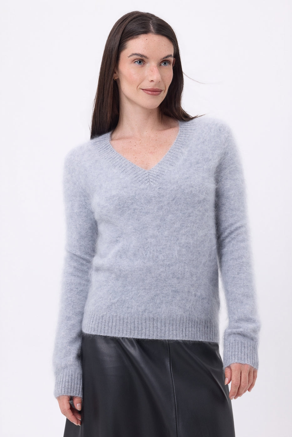 Jersey de cuello en V – Cachemira cepillada Orion - Gris claro - Mujer