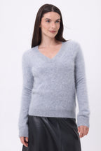 Jersey de cuello en V – Cachemira cepillada Orion - Gris claro - Mujer