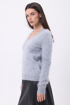 Jersey de cuello en V – Cachemira cepillada Orion - Gris claro - Mujer