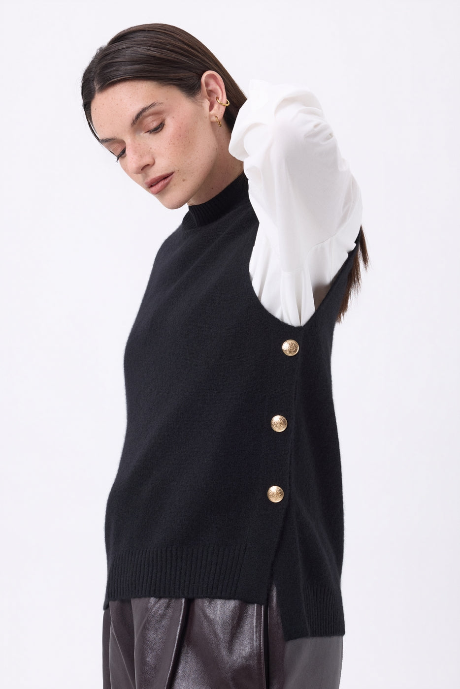 Jersey de cuello alto sin mangas con botones dorados Orta - Negro - Mujer