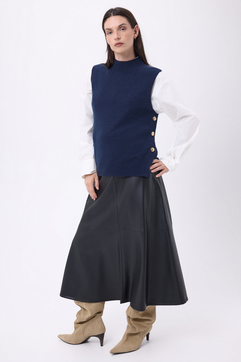 Jersey de cuello alto sin mangas con botones dorados Orta - Azul marino - Mujer