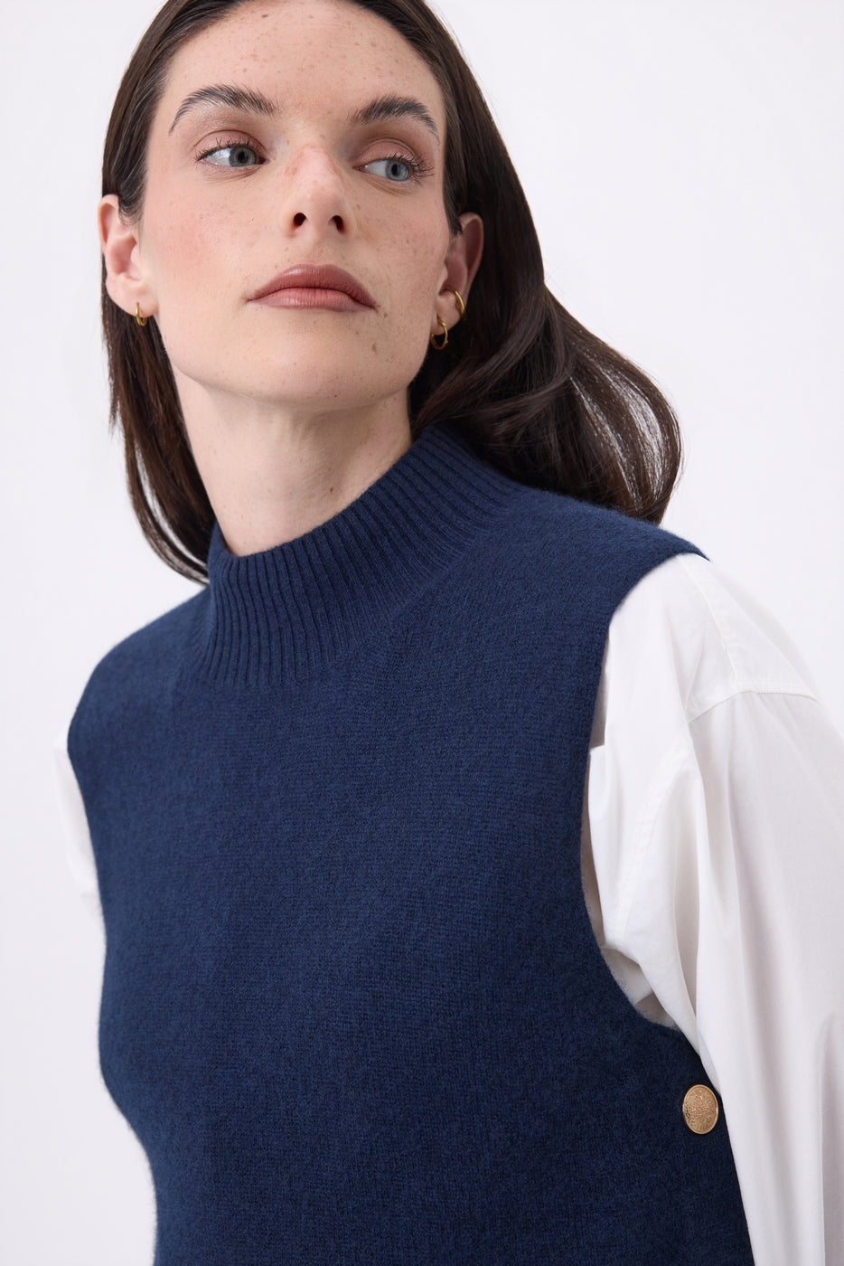 Jersey de cuello alto sin mangas con botones dorados Orta - Azul marino - Mujer