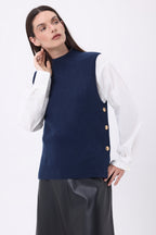 Jersey de cuello alto sin mangas con botones dorados Orta - Azul marino - Mujer