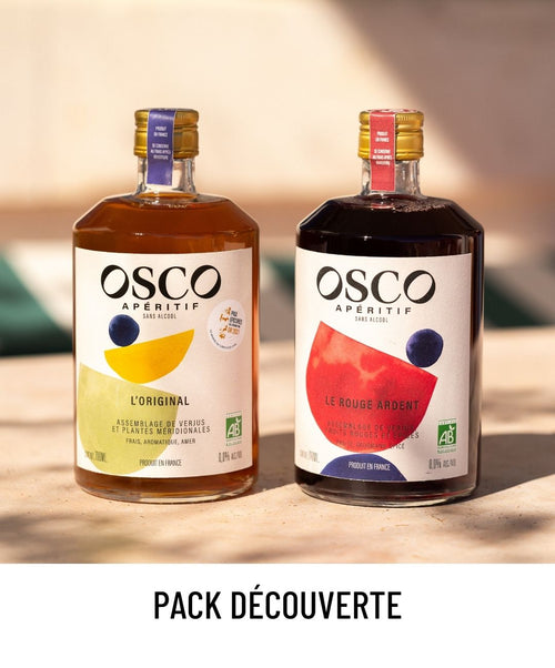 Découvrez nos 2 apéritifs sans alcool de caractère ! OSCO L'Original, aux saveurs fraîches et méridionales et Le Rouge Ardent, aux saveurs uniques de fruits rouges et épices. Des boissons sans alcool parfaites pour des cocktails sans alcool peu caloriques et riches en goût. Revalorisant un savoir-faire viticole français ancestral, le verjus, OSCO offre une belle longueur en bouche de gentiane.