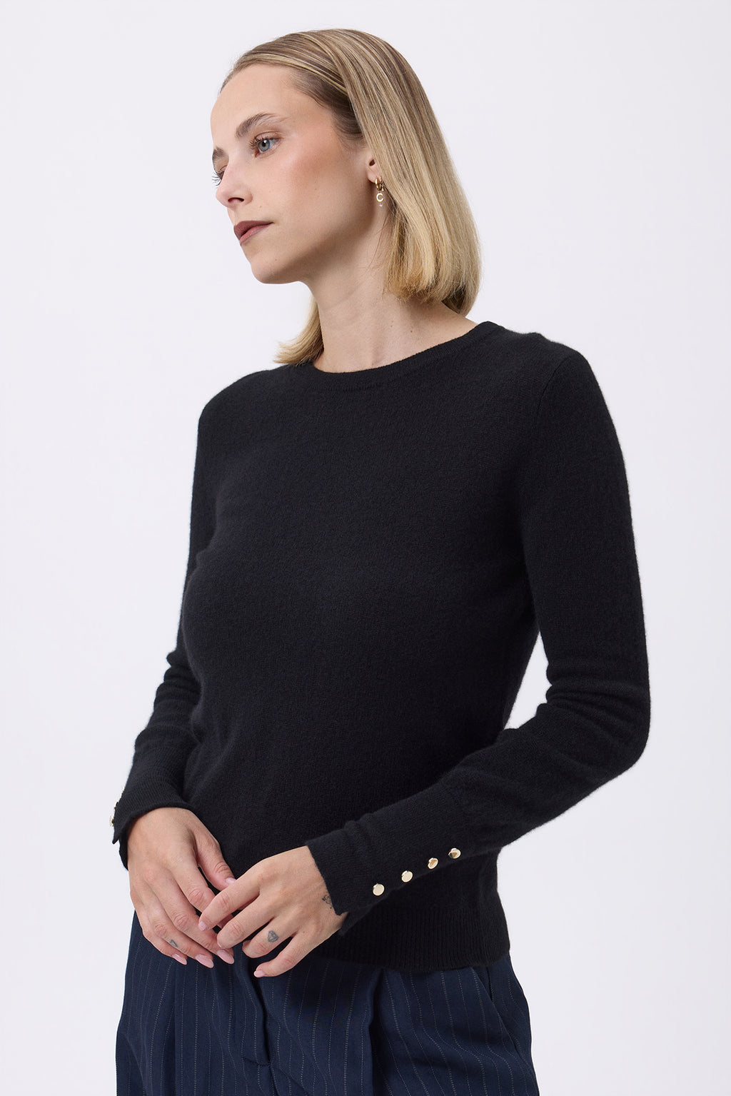 Pull Col Rond Boutons Dorés Hommeches Ballon Oslo - Noir - Femme