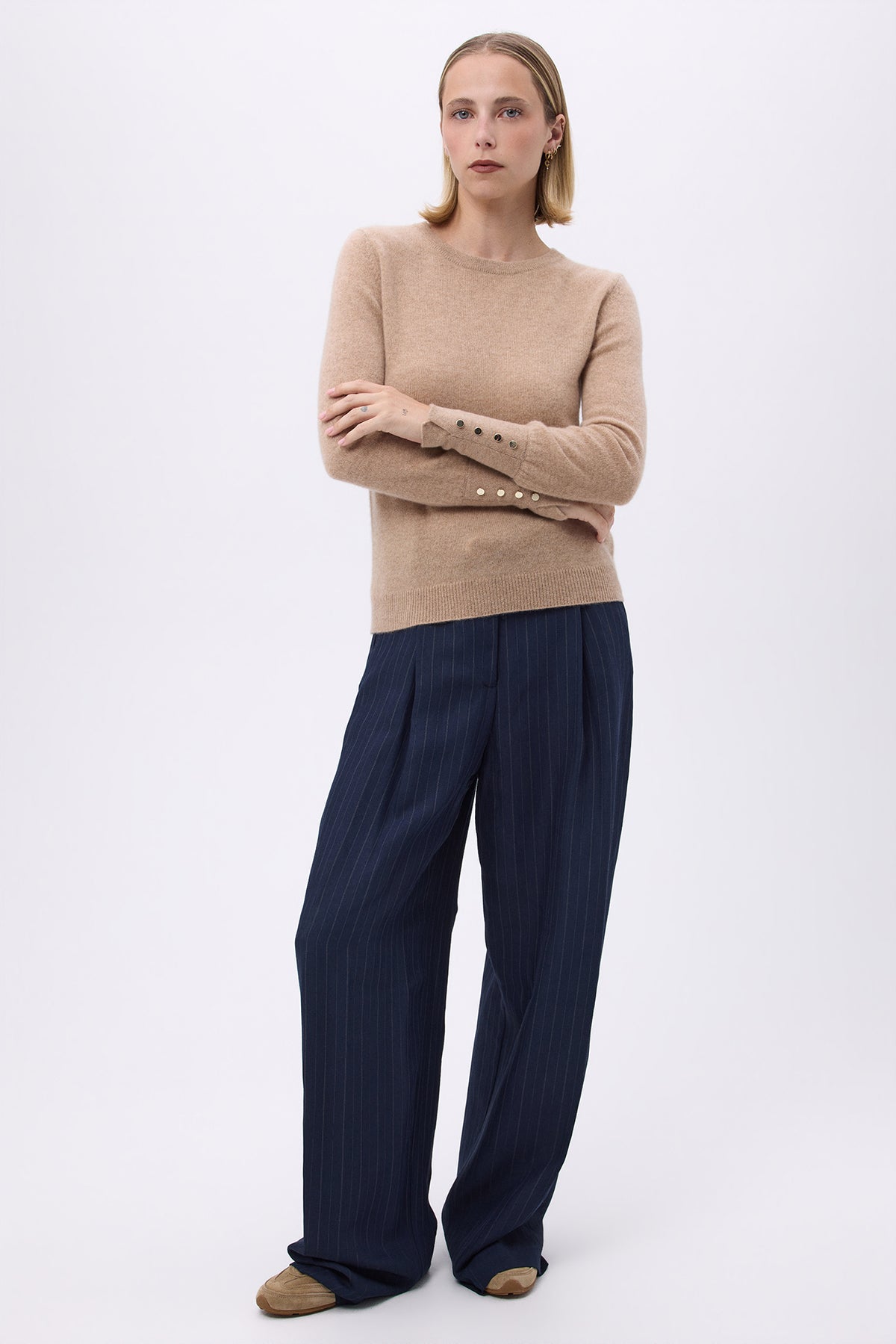 Trui Met Ronde Hals Goudkleurige Knopen Ballonmouwen Oslo - Crèmebeige - Dames