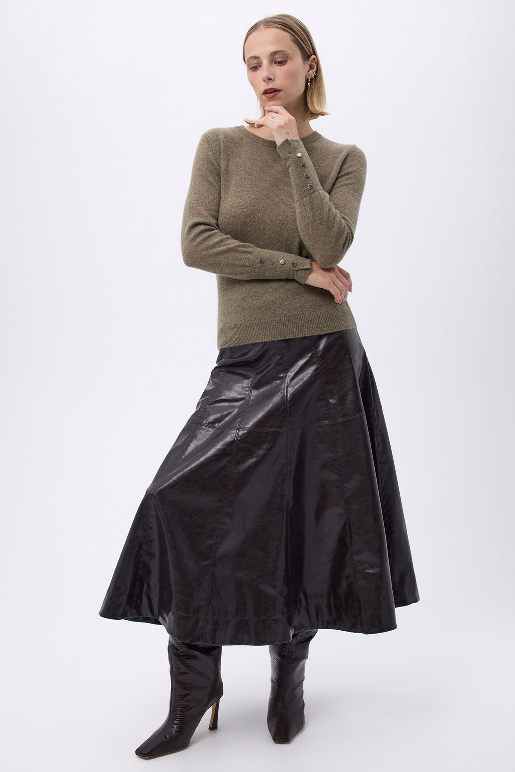 Pull Col Rond Boutons Dorés Manches Ballon Oslo - Vert Khaki - Femme