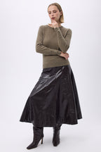 Pull Col Rond Boutons Dorés Manches Ballon Oslo - Vert Khaki - Femme