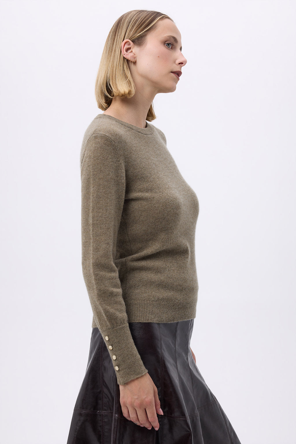 Pull Col Rond Boutons Dorés Manches Ballon Oslo - Vert Khaki - Femme