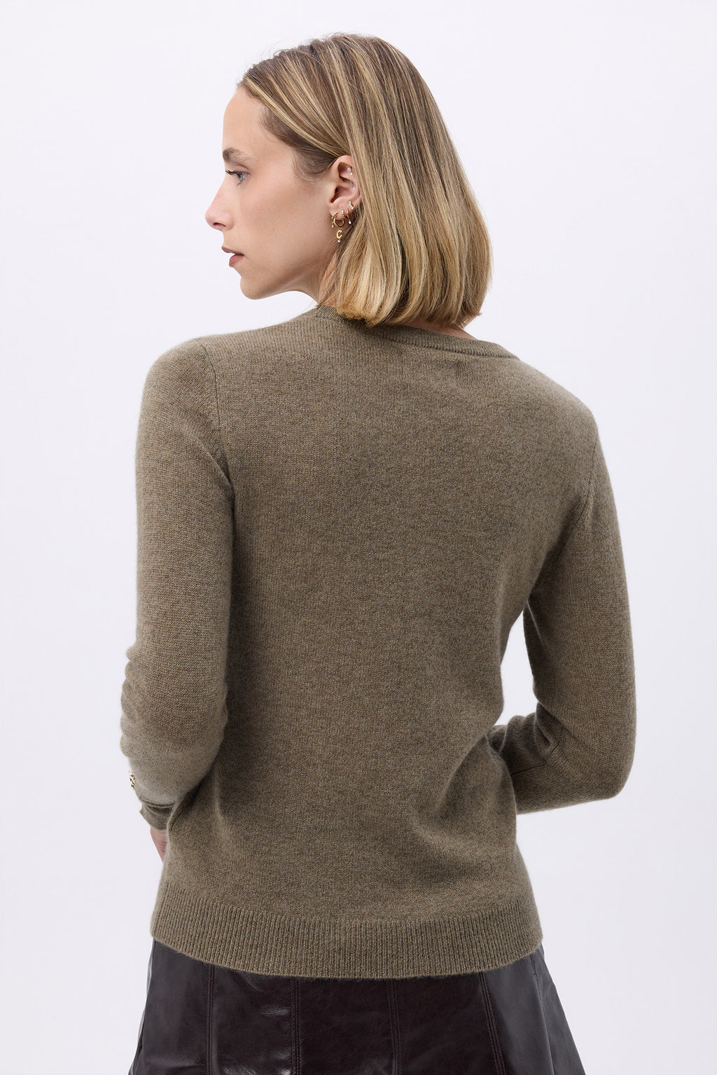 Pull Col Rond Boutons Dorés Manches Ballon Oslo - Vert Khaki - Femme