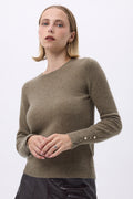 Pull Col Rond Boutons Dorés Manches Ballon Oslo - Vert Khaki - Femme