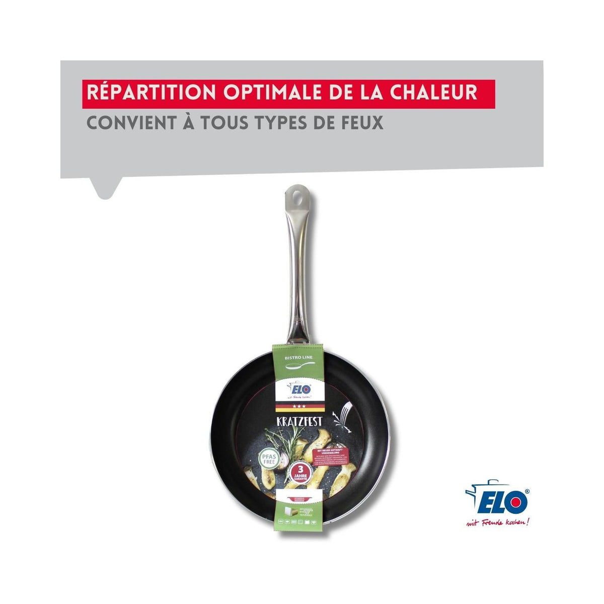 Set of 3 PFAS-Free Ceramic Frying Pans and 3 Lids Elo Bistro Line - Grey/Black/Transparent