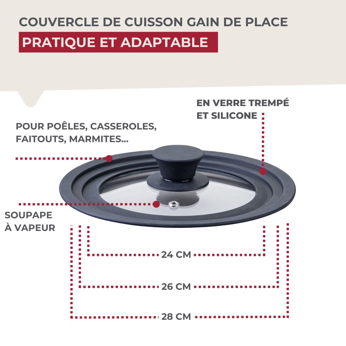 Coperchio Di Cottura Adattabile In Vetro E Silicone Fackelmann - Trasparente/Nero