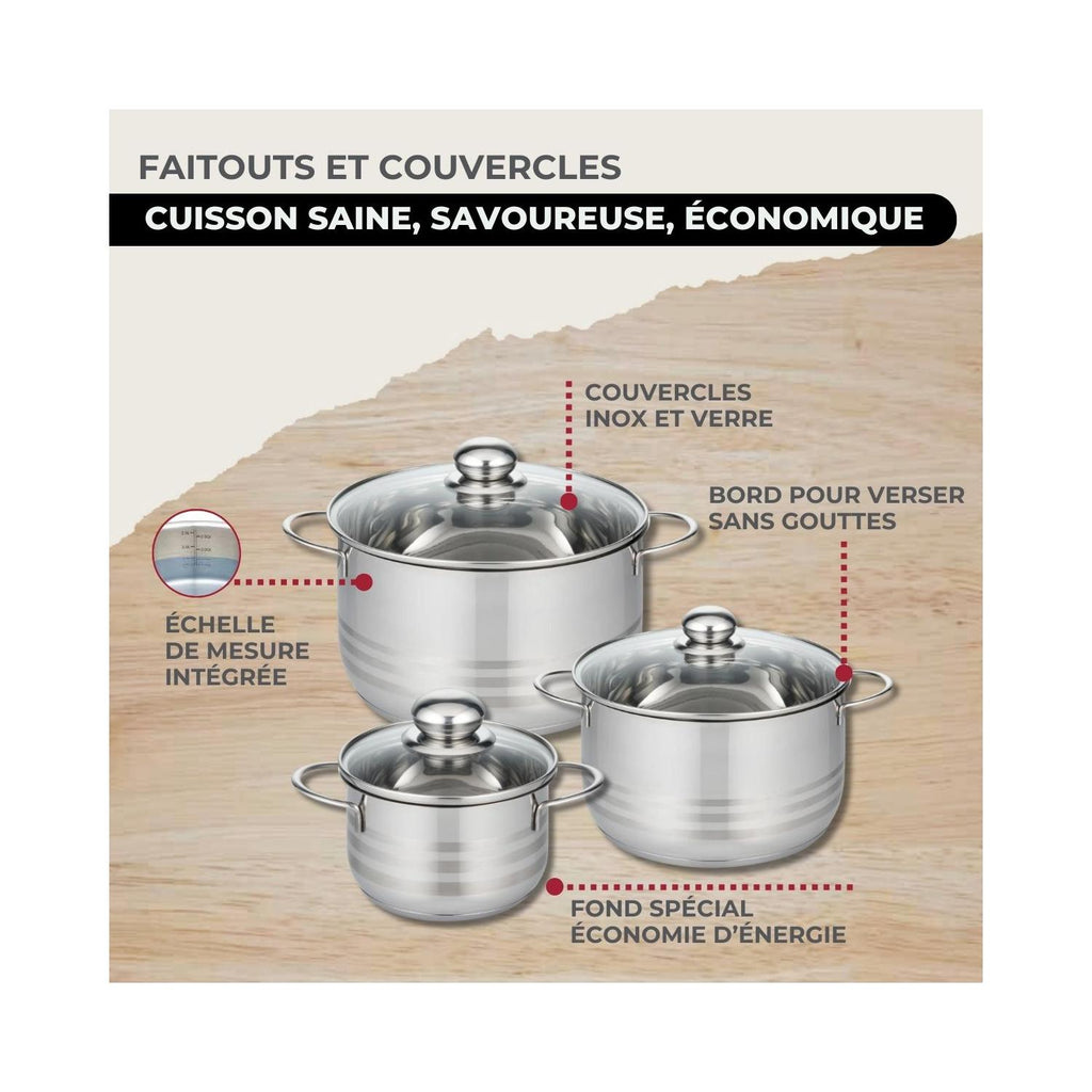 Batterie De Cuisine 3 Poêles Et Couvercles, 3 Faitouts Et 6 Ustensiles Fackelmann Eterna - Inox