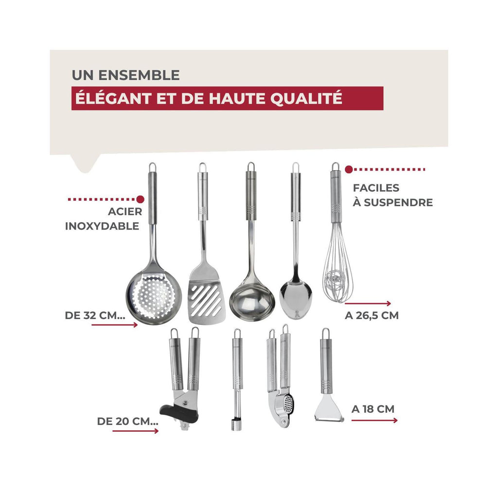 Ensemble De 9 Ustensiles De Cuisine Inox Fackelmann Ovale - Gris