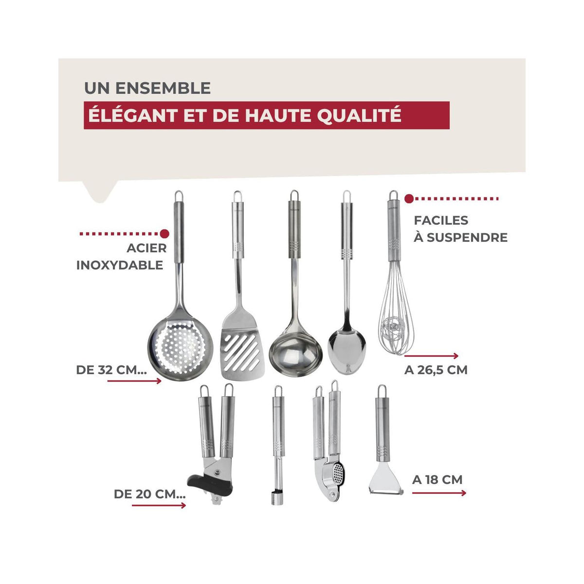 Ensemble De 9 Ustensiles De Cuisine Inox Fackelmann Ovale - Gris