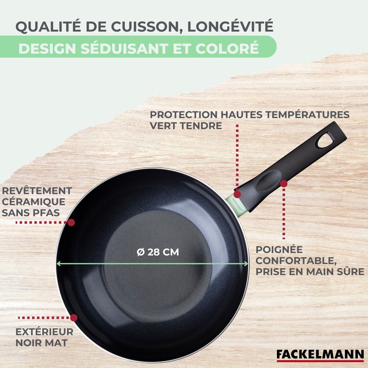 Aluminium Wok With PFAS-Free Ceramic Non-Stick Coating Fackelmann Brandao - Black/Green