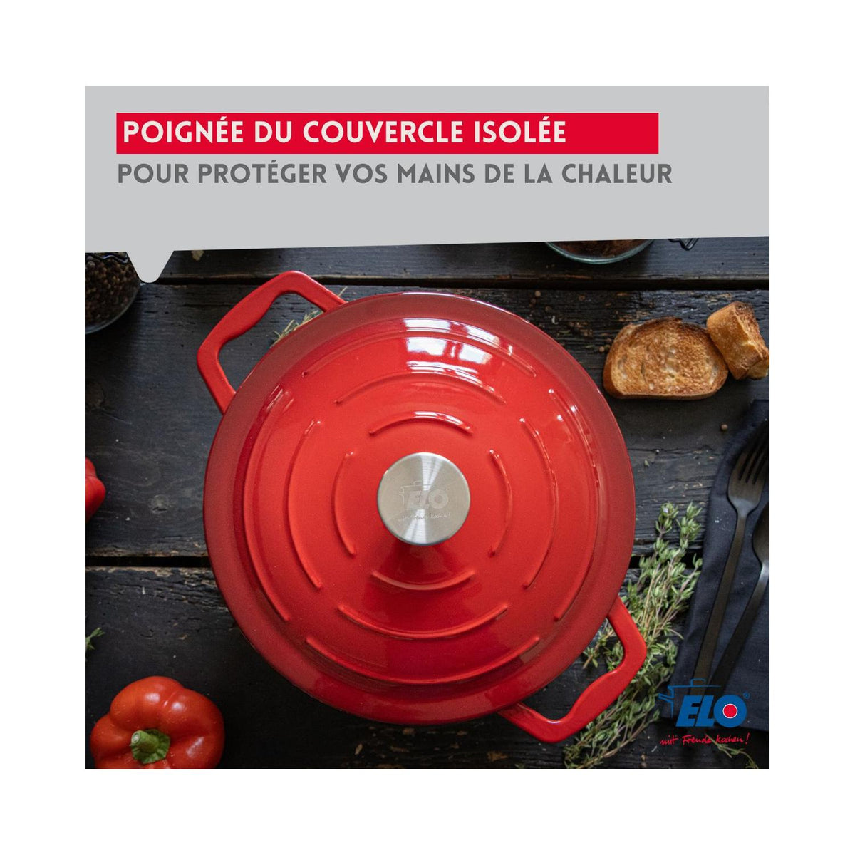 Elo Cherry Red Enamelled Cast Iron Casserole Dish - Red