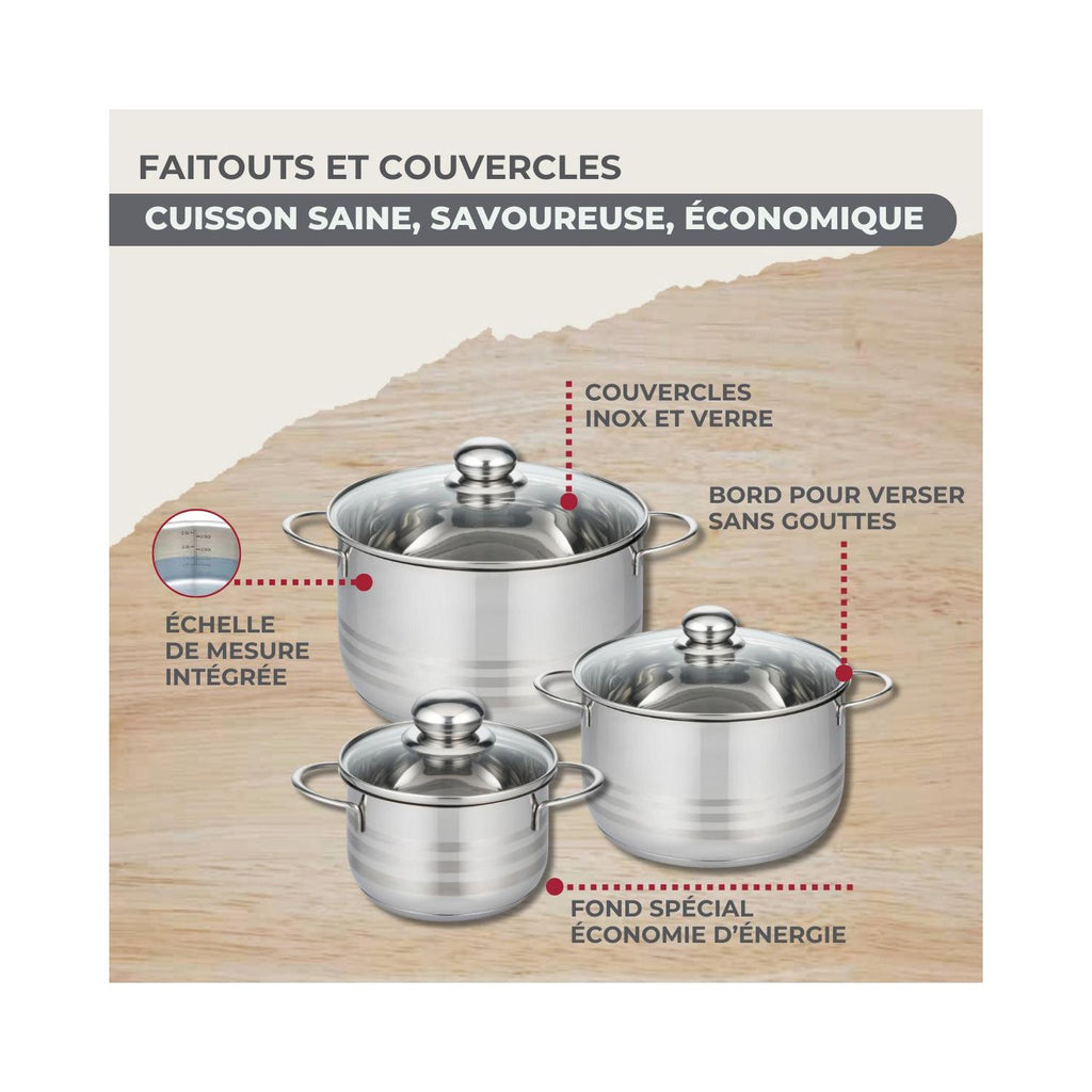 Batería De Cocina Con 3 Cazuelas Y 3 Cazos Y 5 Utensilios De Cocina Fackelmann Généva Brillant Vario - Acero Inoxidable/Negro