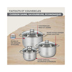 Batería De Cocina Con 3 Cazuelas Y 3 Cazos Y 5 Utensilios De Cocina Fackelmann Généva Brillant Vario - Acero Inoxidable/Negro