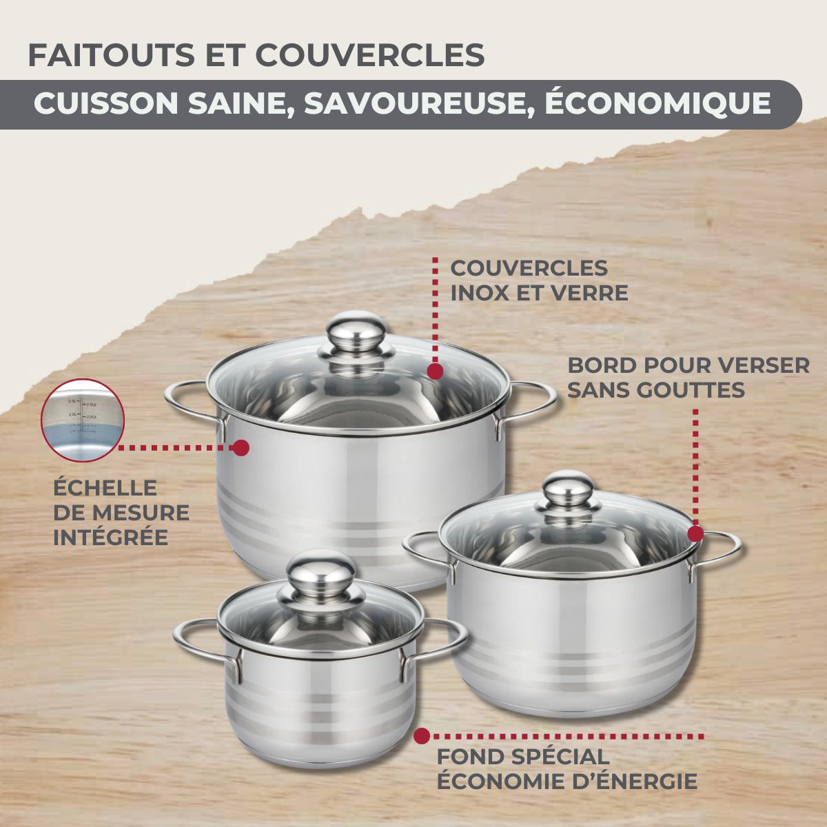 Batterie De Cuisine Avec 3 Poêles 3 Casseroles Et 3 Faitouts En Inox Sans Pfas Fackelmann Généva Brillant - Inox/Noir