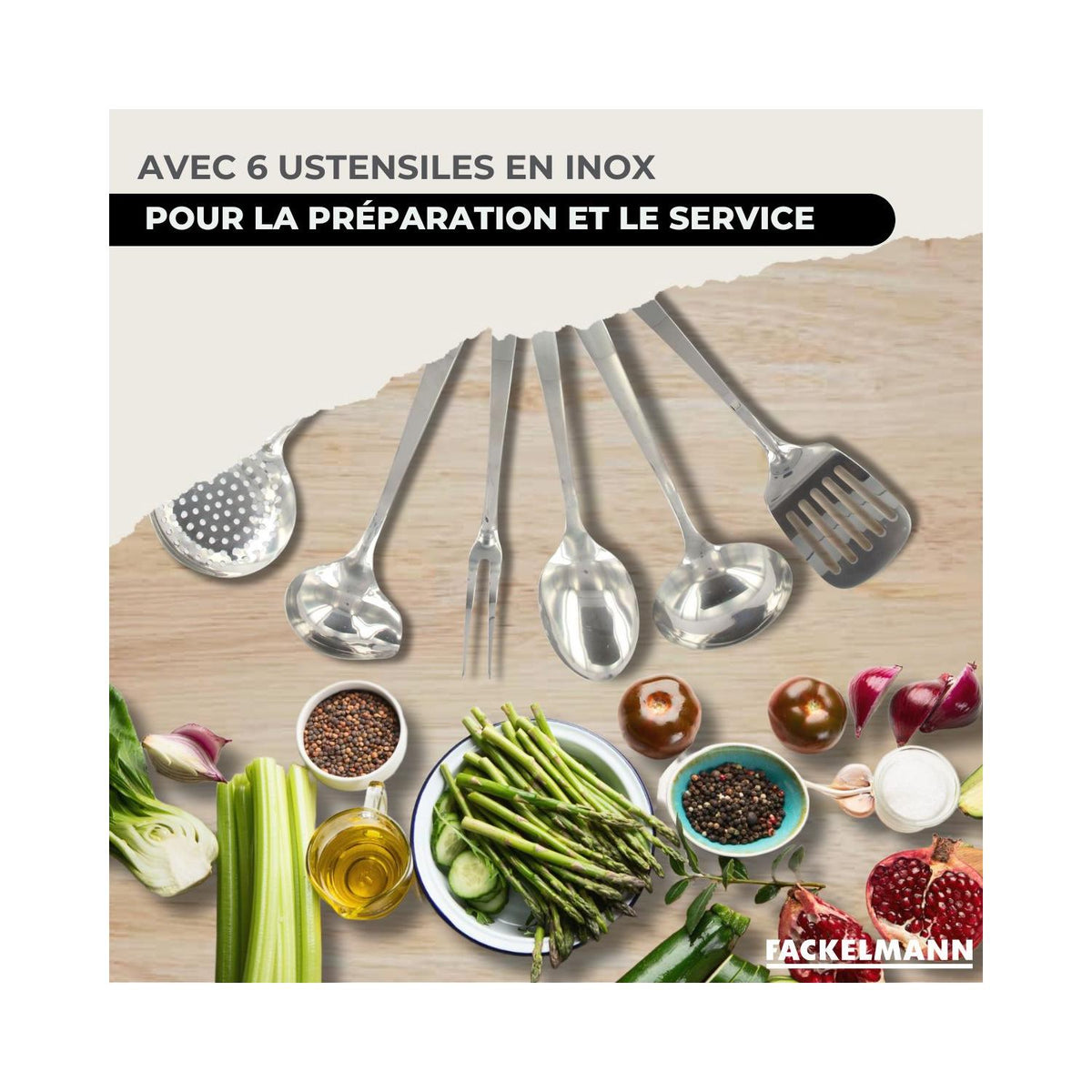 Batería De Cocina Con 3 Sartenes, 3 Cacerolas Y 6 Utensilios De Cocina Fackelmann Etherna Brillante Oxford - Inox
