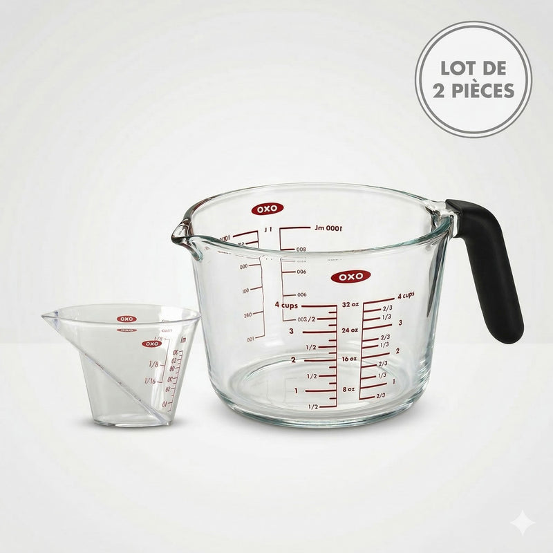 Lot : 2 Pichets Mesureurs (1X 1L En Verre + 1X 60Ml)