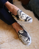 Canvas Slip-Ons With Large Black And Cream Poppies Pattern