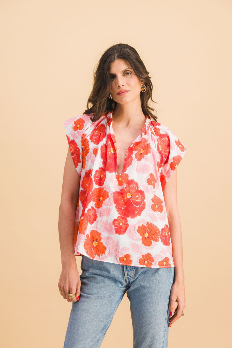 Top de flor roja rosa