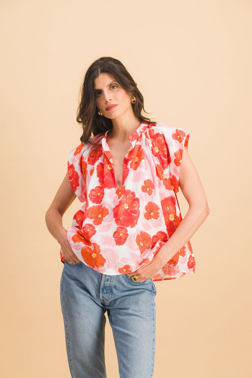Top de flor roja rosa