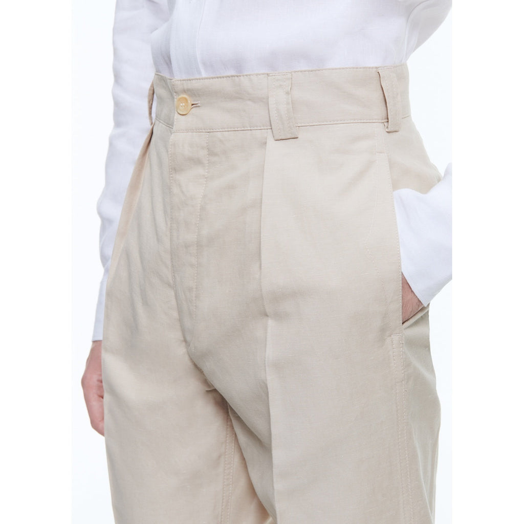 Pantalón chino recto de algodón y lino - Beige