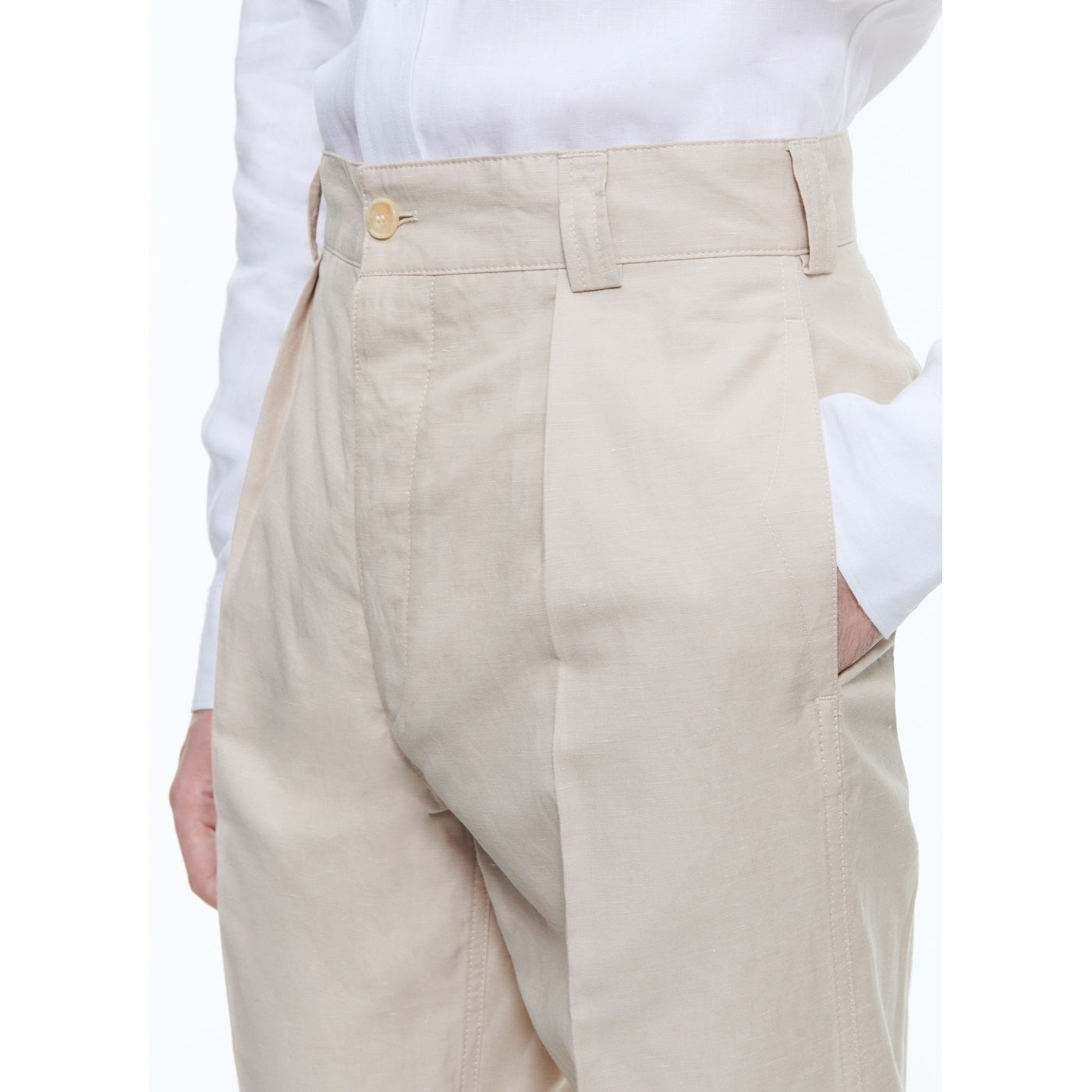 Pantalón chino recto de algodón y lino - Beige