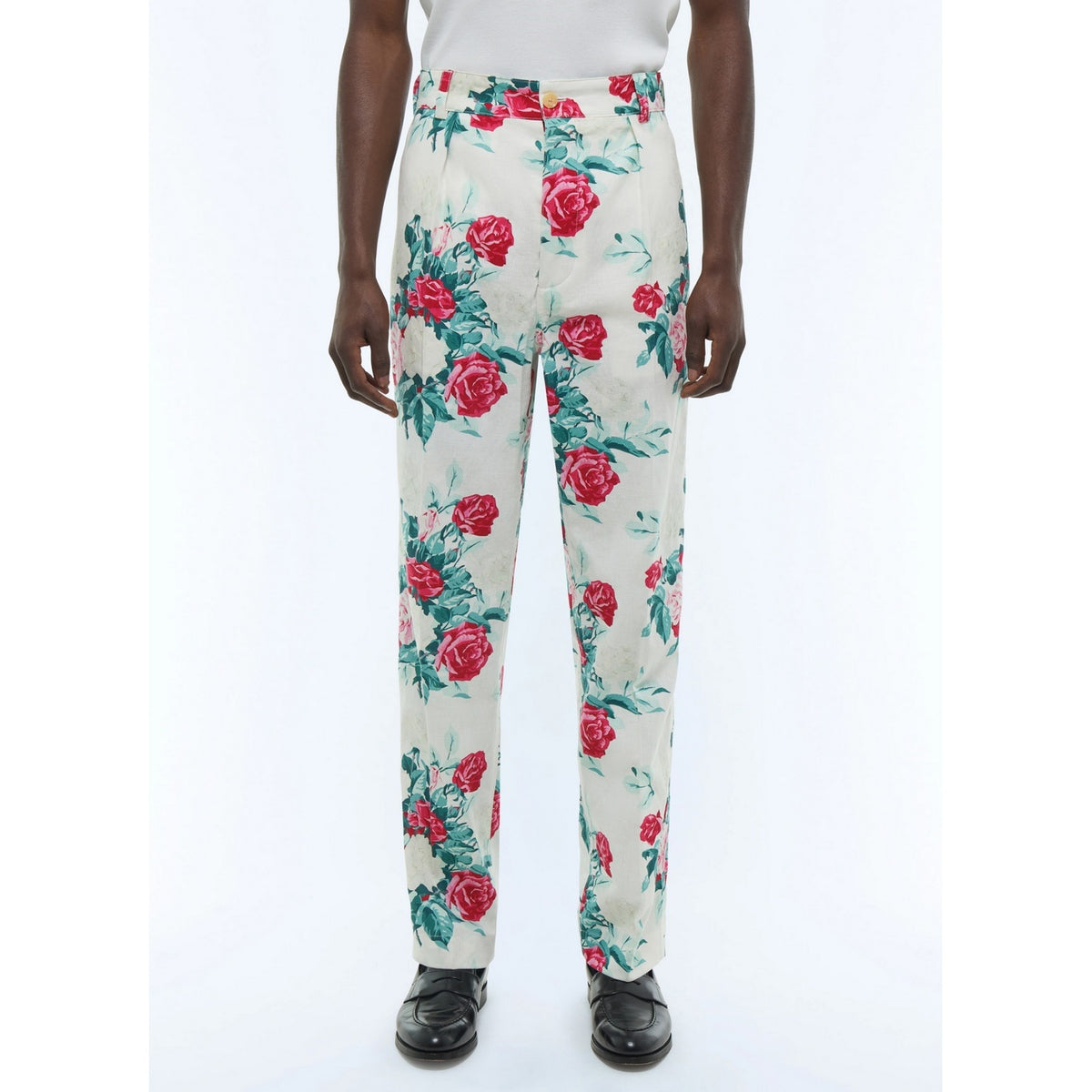 Straight Canvas Chinos With Floral Pattern - Green, Pink And White Floral Pattern