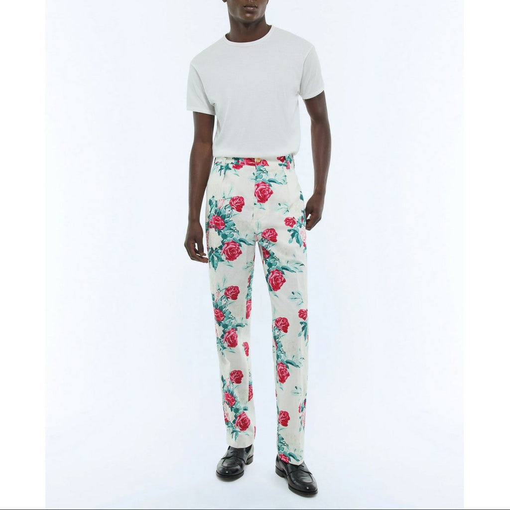 Straight Canvas Chinos With Floral Pattern - Green, Pink And White Floral Pattern