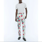 Straight Canvas Chinos With Floral Pattern - Green, Pink And White Floral Pattern
