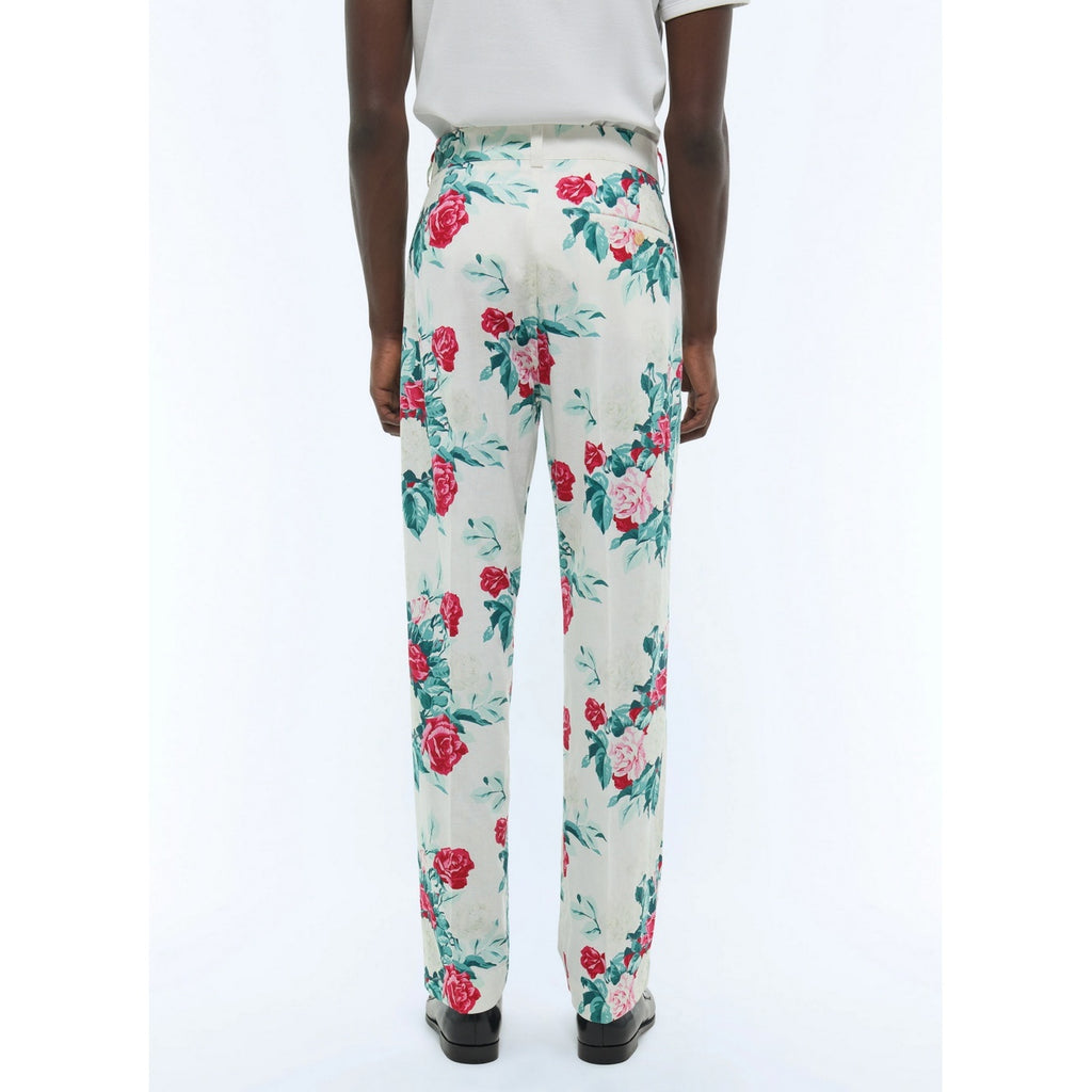 Straight Canvas Chinos With Floral Pattern - Green, Pink And White Floral Pattern