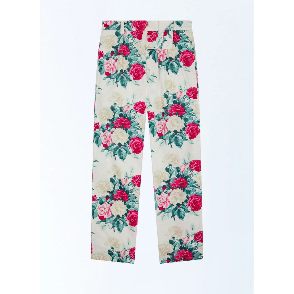 Straight Canvas Chinos With Floral Pattern - Green, Pink And White Floral Pattern