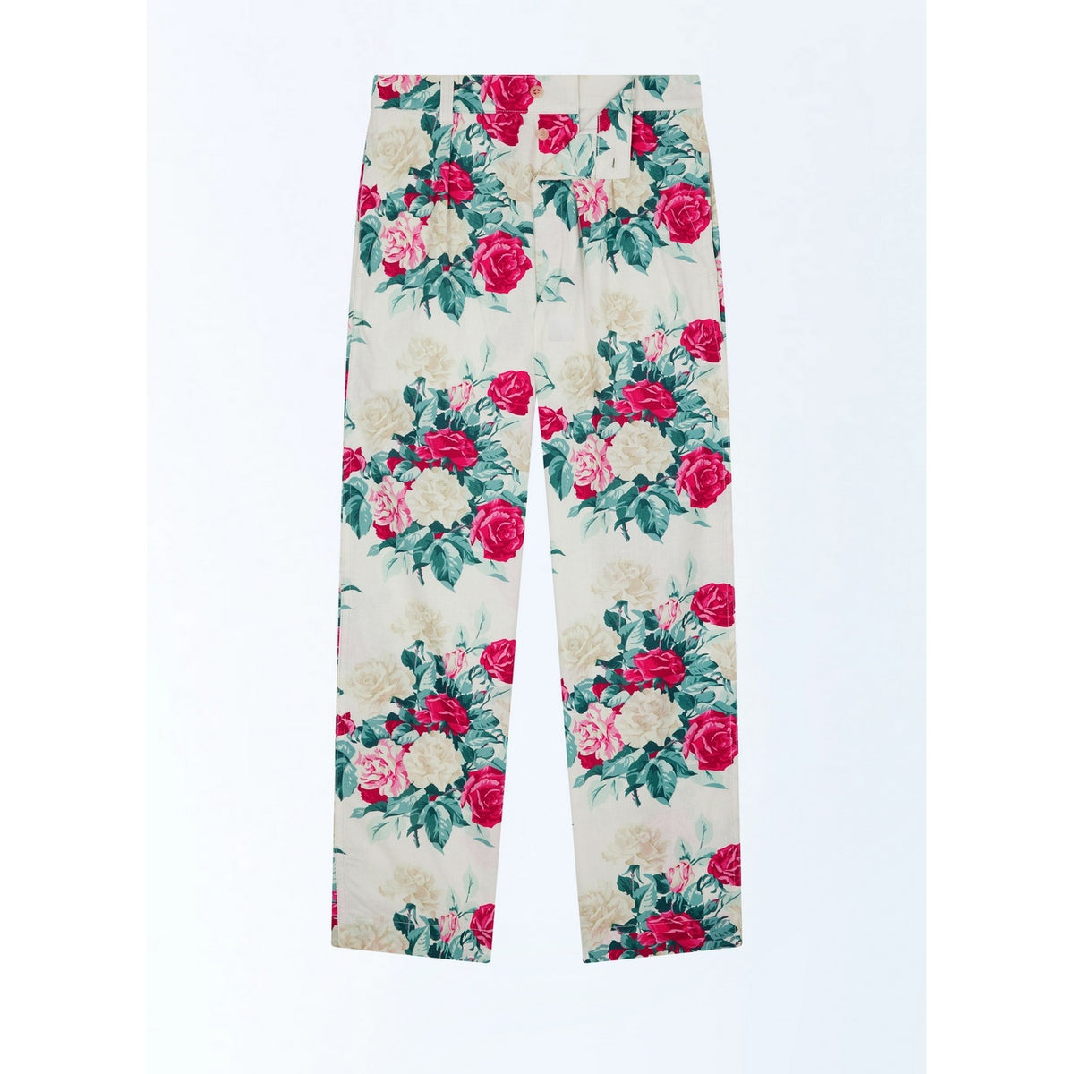 Straight Canvas Chinos With Floral Pattern - Green, Pink And White Floral Pattern