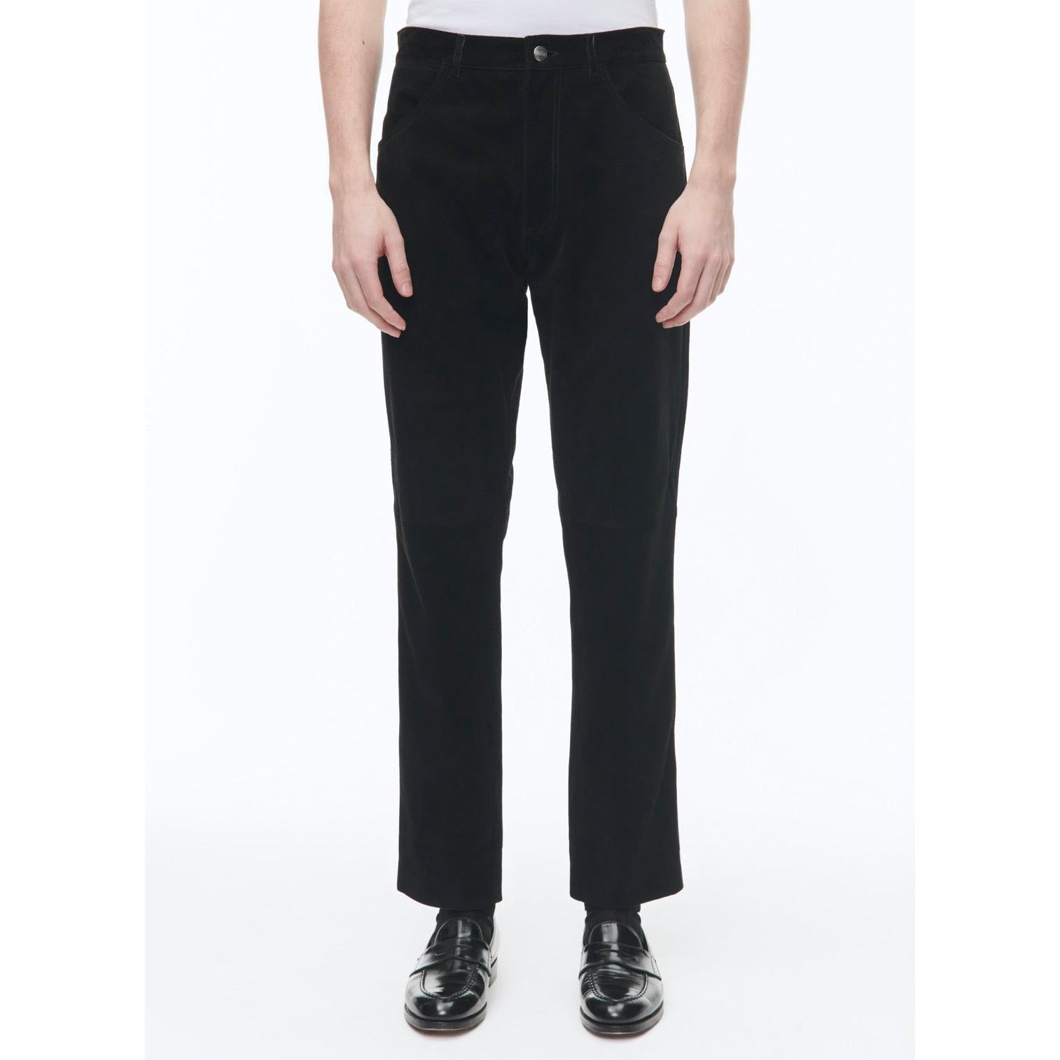 Pantalón recto de piel ante con cinco bolsillos - Negro