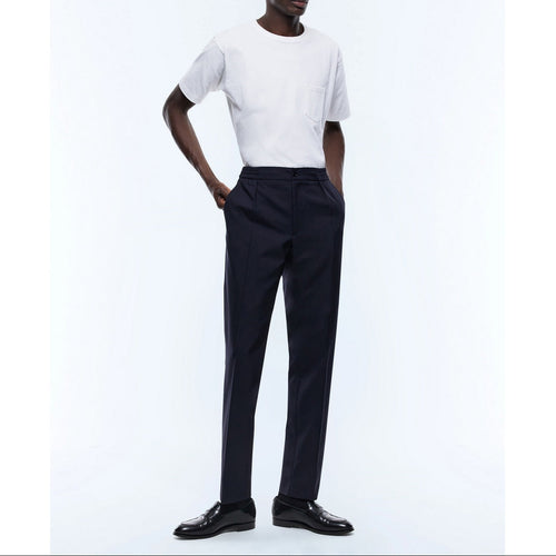 Pantalon Élastiqué En Crêpe De Laine - Bleu Marine