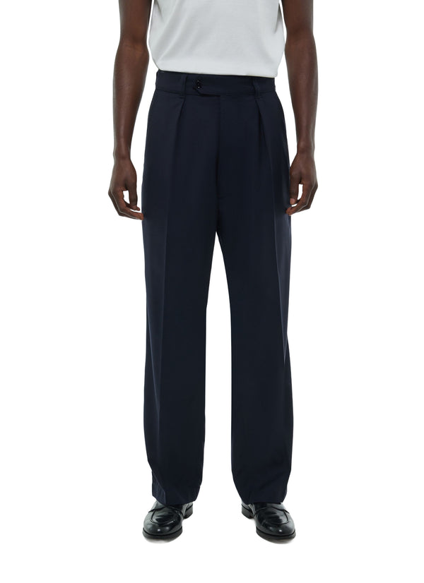Wide-Leg Pleated Wool Trousers - Navy