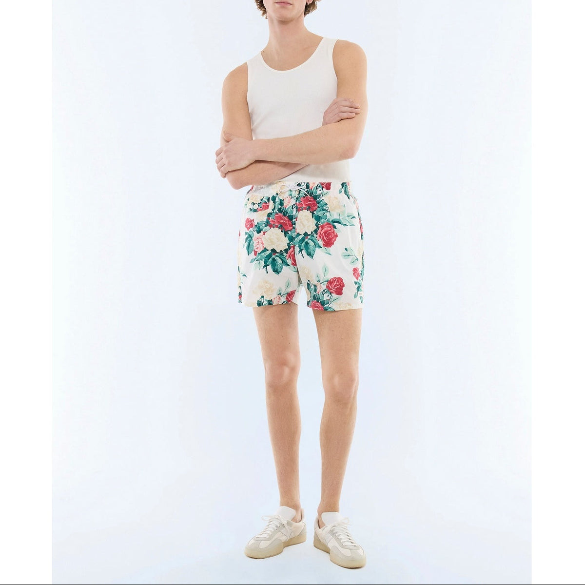 Short De Bain En Tissu Technique - Motif Floral Vert, Rose Et Blanc